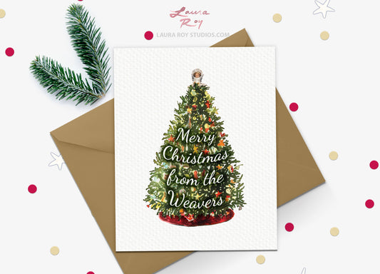 Personalized Decorated Tree Card - Christmas Tree Watercolor with Velvet Skirt & Angel, Customizable Holiday Greeting (Single or Set)