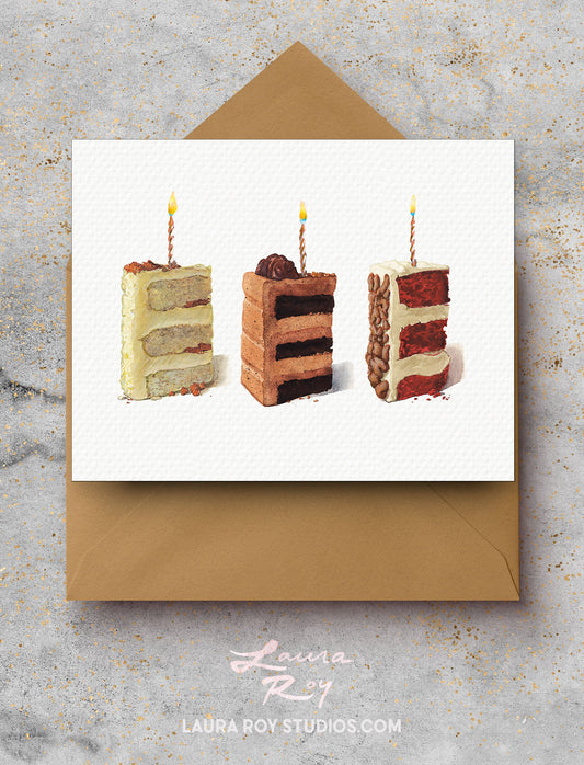 Personalized Trio of Cake Slices Birthday Card - Fun Watercolor Painting of Three Cake Slices with Candles (Single or Set)