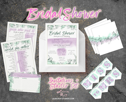 Watercolor Bridal Shower Invitations + Party Starter Pack | Floral Pattern Customizable